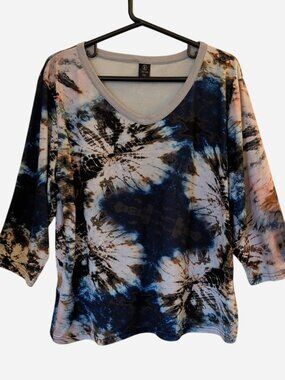 Jenize Tie Dye Top Blue Multi V Neck 3/4 Sleeve Women’s Plus Size 1XL